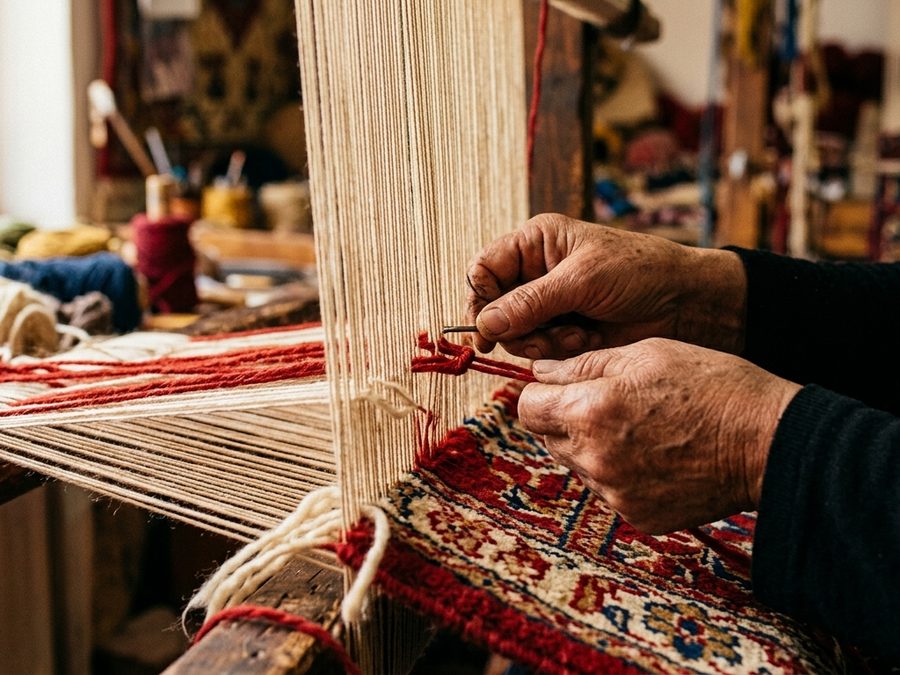 Handwoven rug detail showing knot density